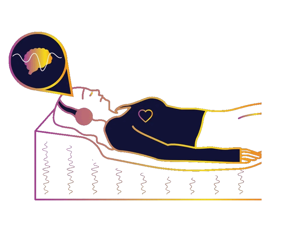 Illustration of a person lying on a vibroacoustic therapy bed with sound wave vibrations
